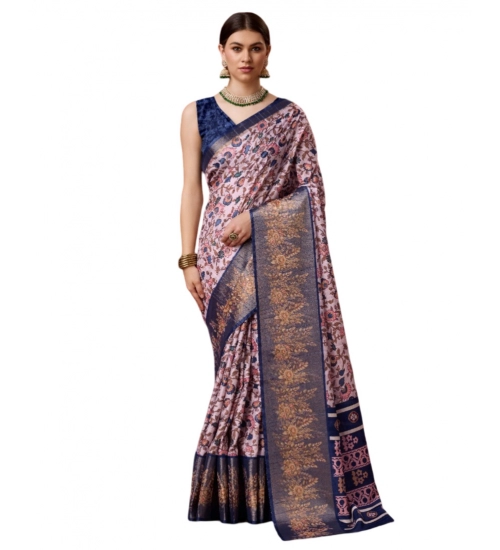 Generic Women's Cotton Printed Saree With Unstitched Blouse 5.5Mtr (Blue)