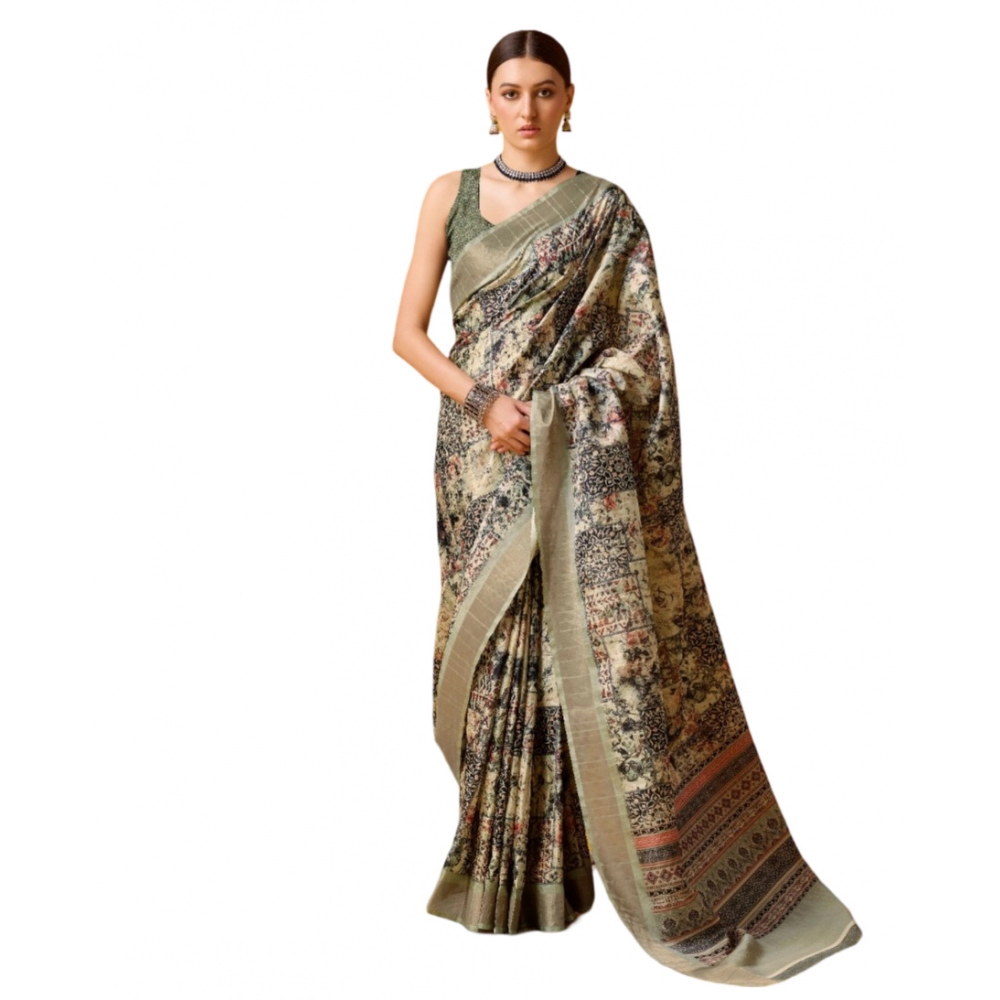 Generic Women's Cotton Printed Saree With Unstitched Blouse 5.5Mtr (Beige-Grey)