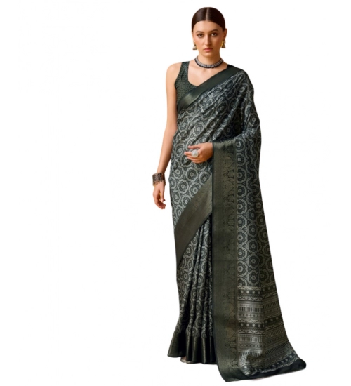 Generic Women's Cotton Printed Saree With Unstitched Blouse 5.5Mtr (Black)