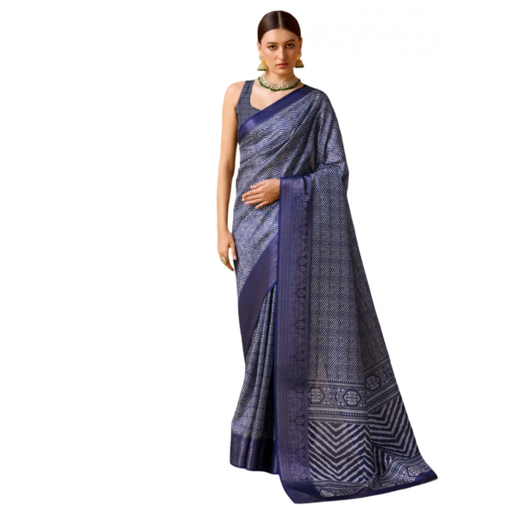 Generic Women's Cotton Printed Saree With Unstitched Blouse 5.5Mtr (Blue)