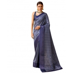 Generic Women's Cotton Printed Saree With Unstitched Blouse 5.5Mtr (Blue)