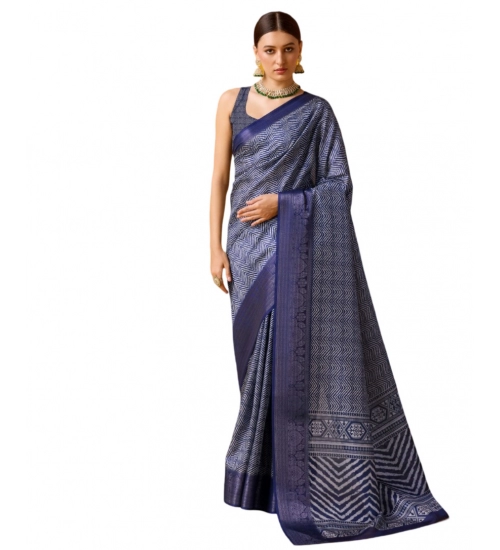 Generic Women's Cotton Printed Saree With Unstitched Blouse 5.5Mtr (Blue)