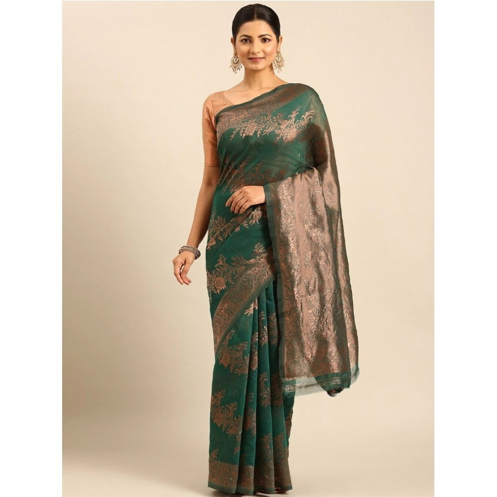 Generic Women's Cotton Woven Design Saree With Unstitched Blouse 5.5Mtr (Green)