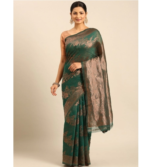 Generic Women's Cotton Woven Design Saree With Unstitched Blouse 5.5Mtr (Green)