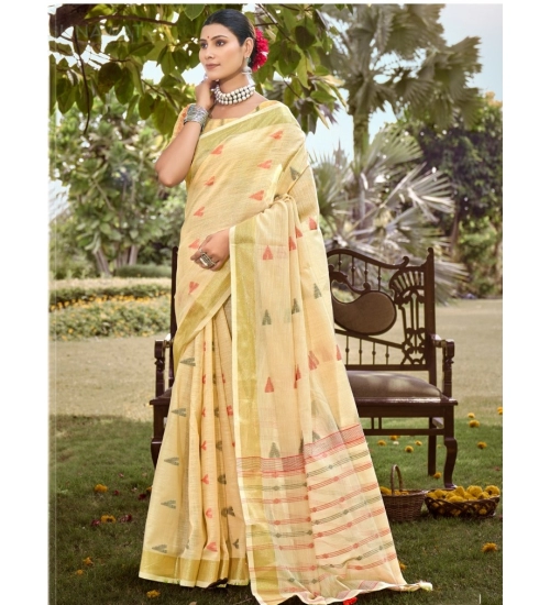 Generic Women's Cotton Printed Saree With Unstitched Blouse 5.5Mtr (Gold)