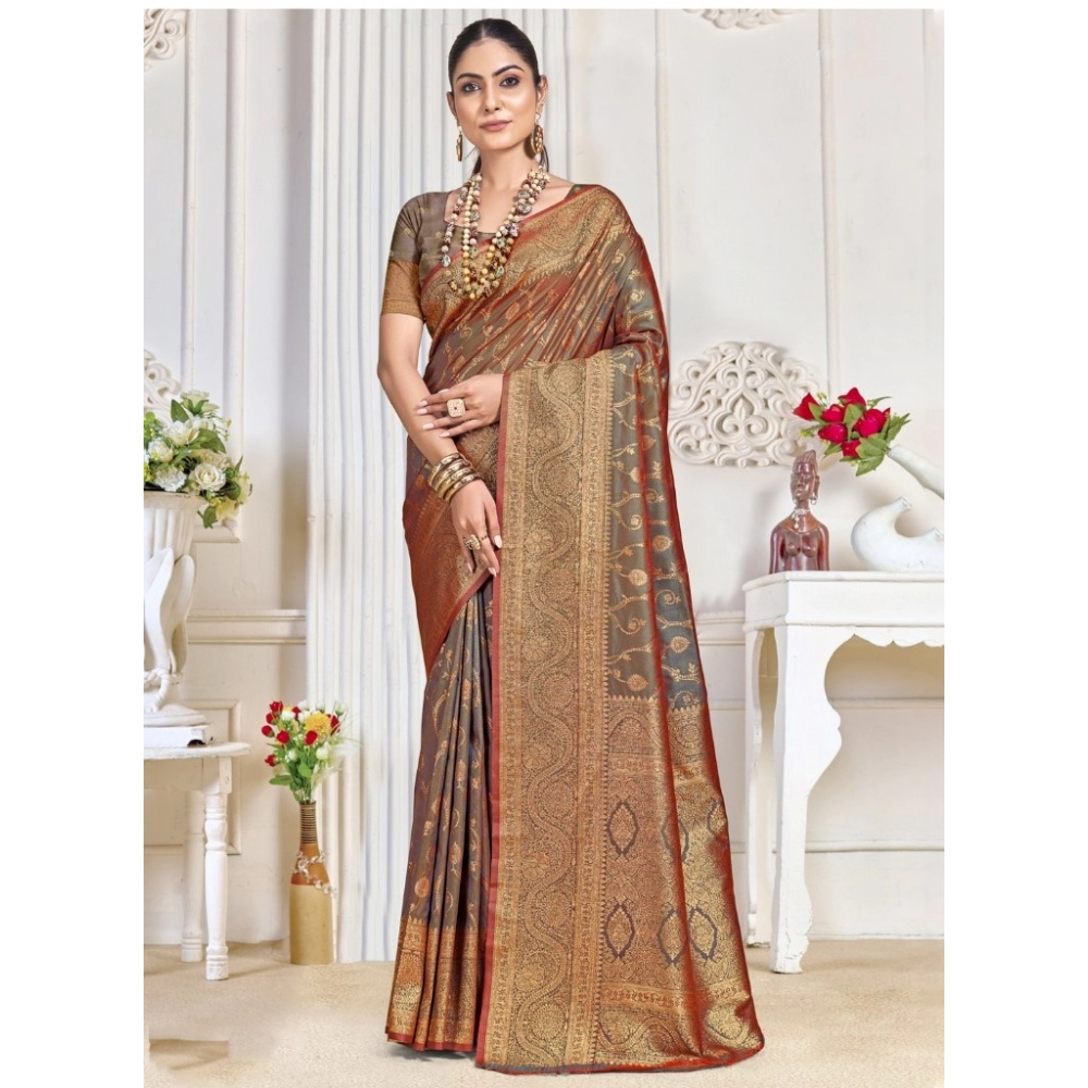 Generic Women's Silk Printed Saree With Unstitched Blouse 5.5Mtr (Grey)