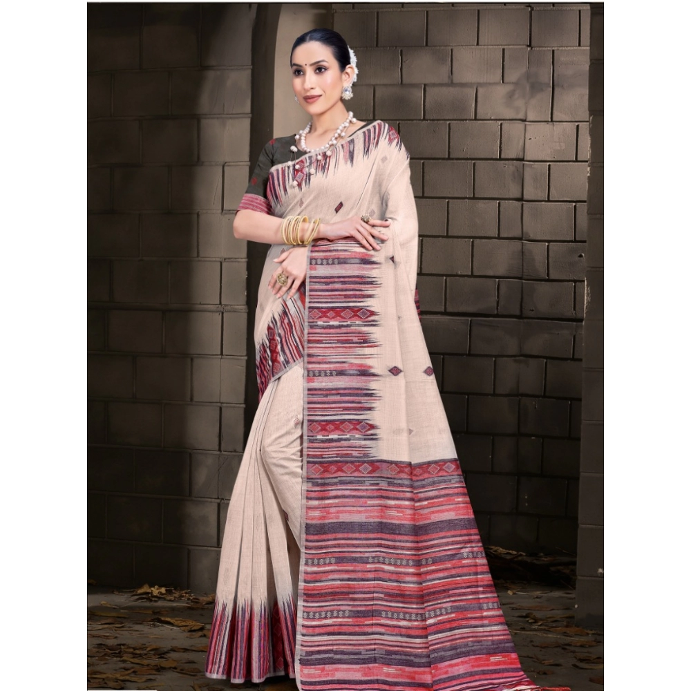 Generic Women's Cotton Printed Saree With Unstitched Blouse 5.5Mtr (Cream-Pink)
