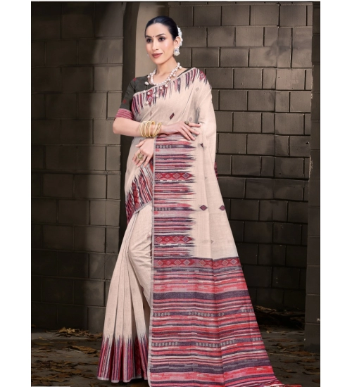 Generic Women's Cotton Printed Saree With Unstitched Blouse 5.5Mtr (Cream-Pink)