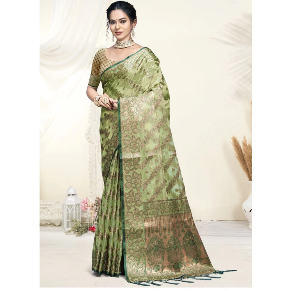 Generic Women's Organza Woven Design Saree With Unstitched Blouse 5.5Mtr (Green)