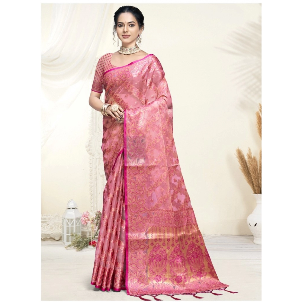 Generic Women's Organza Woven Design Saree With Unstitched Blouse 5.5Mtr (Pink)