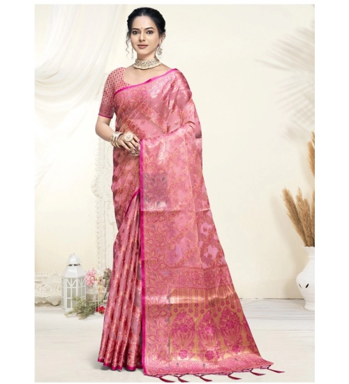 Generic Women's Organza Woven Design Saree With Unstitched Blouse 5.5Mtr (Pink)