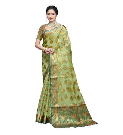 Generic Women's Organza Woven Design Saree With Unstitched Blouse 5.5Mtr (Green)