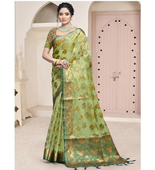 Generic Women's Organza Woven Design Saree With Unstitched Blouse 5.5Mtr (Green)