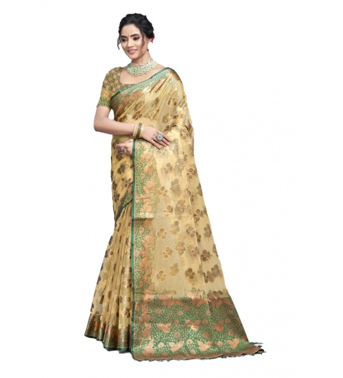 Generic Women's Organza Woven Design Saree With Unstitched Blouse 5.5Mtr (Beige)