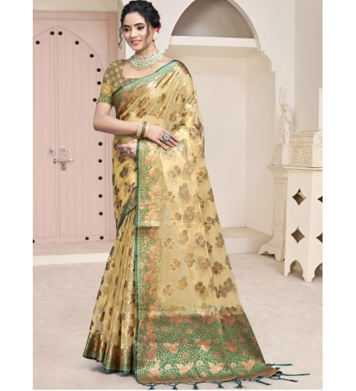 Generic Women's Organza Woven Design Saree With Unstitched Blouse 5.5Mtr (Beige)