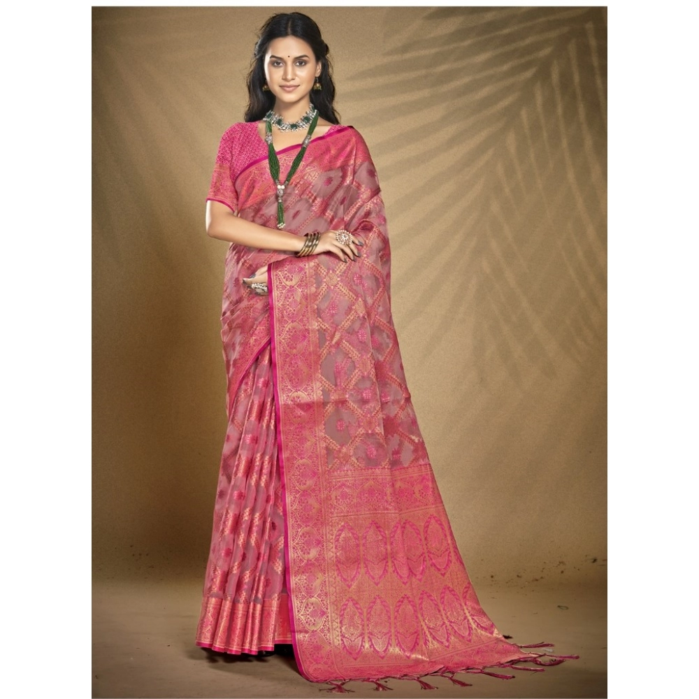 Generic Women's Organza Woven Design Saree With Unstitched Blouse 5.5Mtr (Pink)