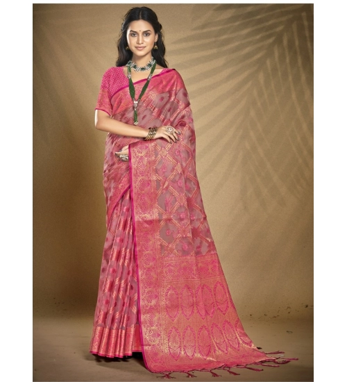 Generic Women's Organza Woven Design Saree With Unstitched Blouse 5.5Mtr (Pink)