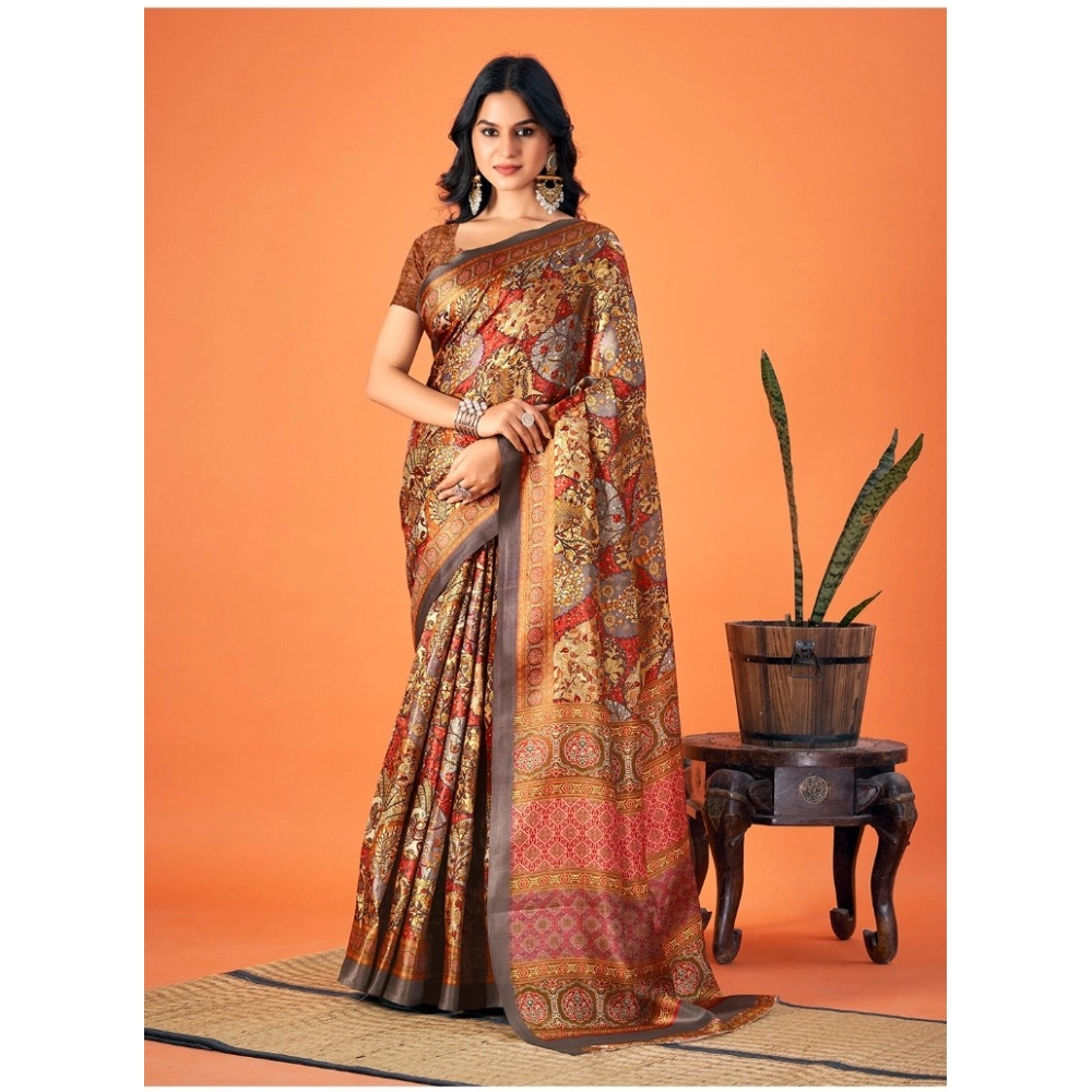 Generic Women's Polyester Printed Saree With Unstitched Blouse 5.5Mtr (Brown)