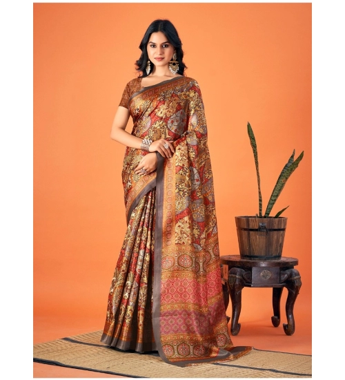 Generic Women's Polyester Printed Saree With Unstitched Blouse 5.5Mtr (Brown)