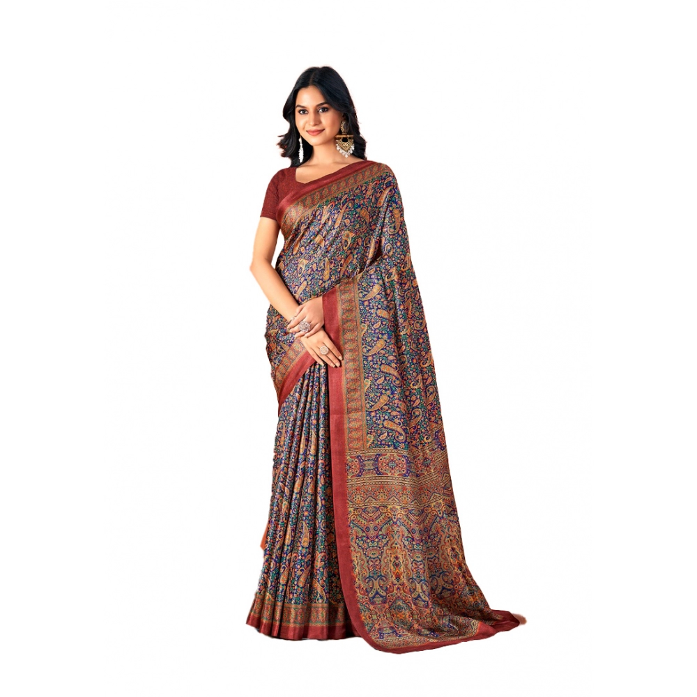 Generic Women's Polyester Printed Saree With Unstitched Blouse 5.5Mtr (Grey)