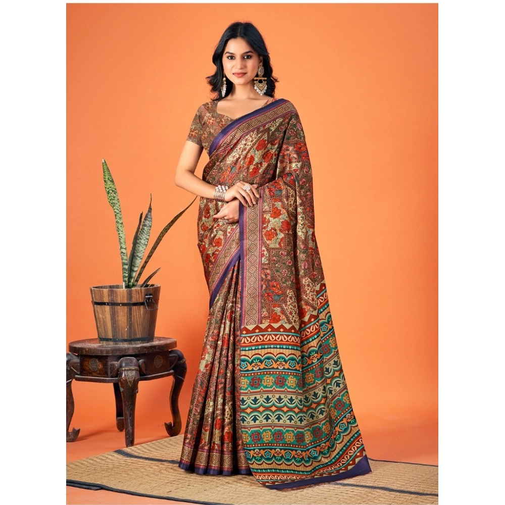 Generic Women's Polyester Printed Saree With Unstitched Blouse 5.5Mtr (Multicolor)