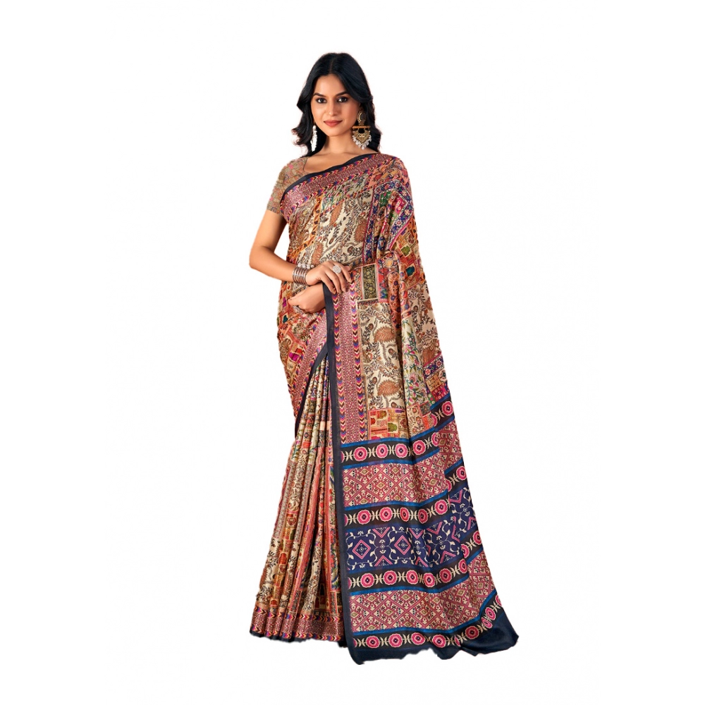 Generic Women's Polyester Printed Saree With Unstitched Blouse 5.5Mtr (Multicolor)