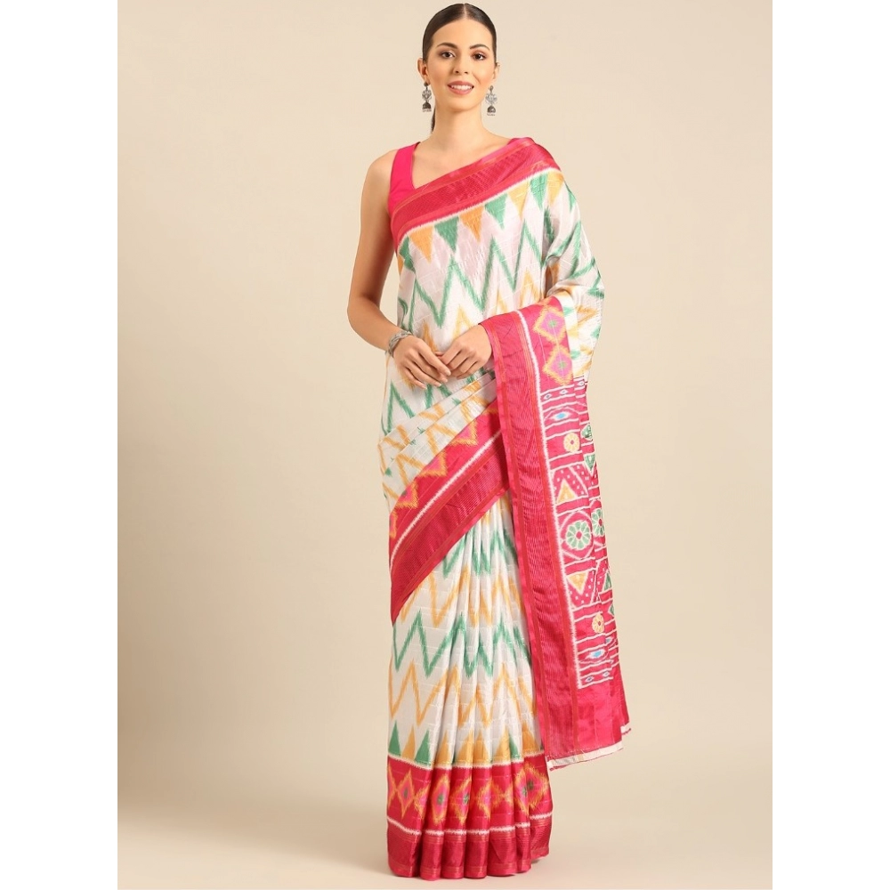Generic Women's Cotton Printed Saree With Unstitched Blouse 5.5Mtr (White-Pink)