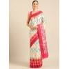 Generic Women's Cotton Printed Saree With Unstitched Blouse 5.5Mtr (White-Pink)
