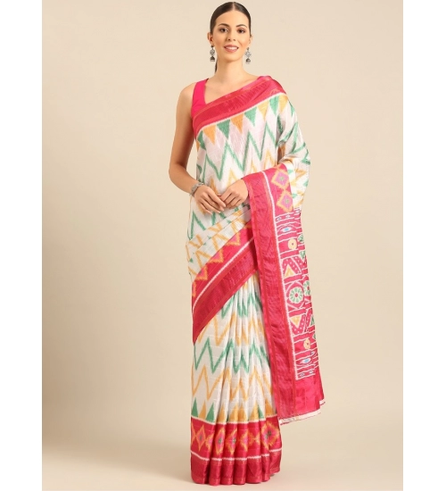 Generic Women's Cotton Printed Saree With Unstitched Blouse 5.5Mtr (White-Pink)