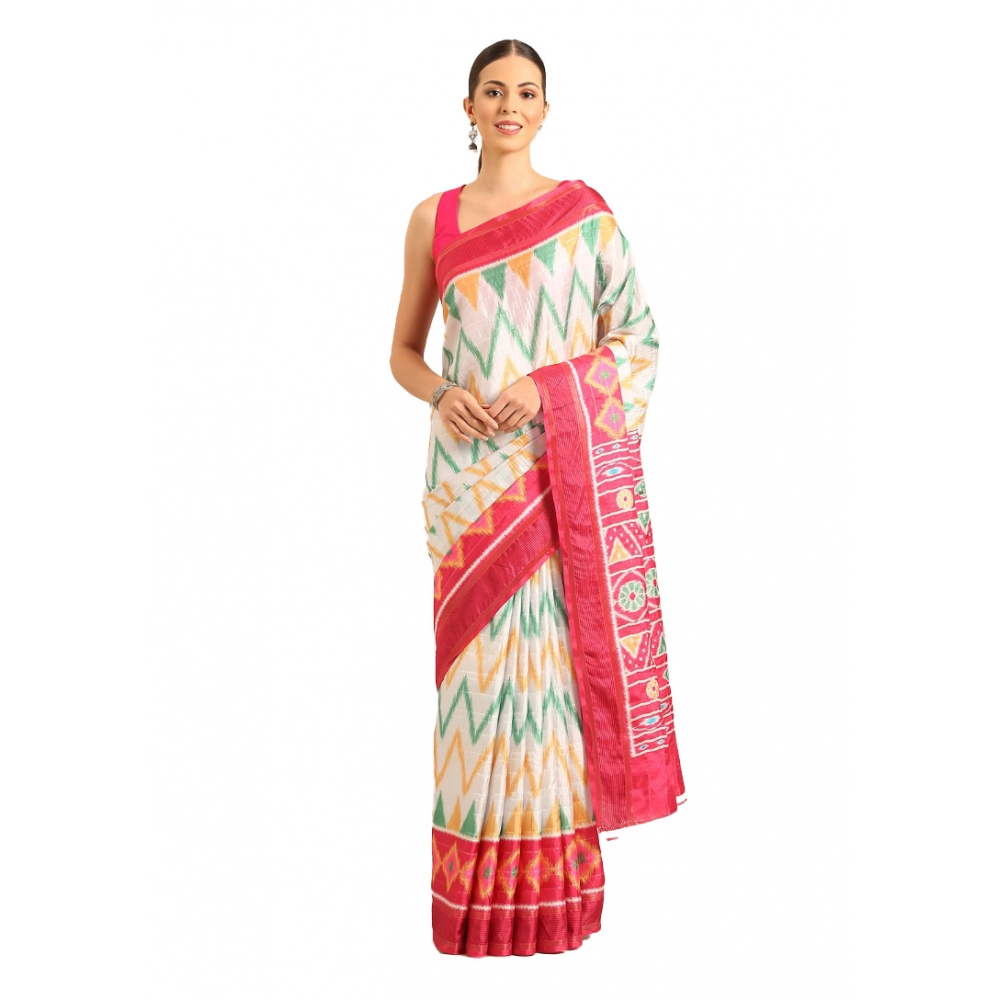 Generic Women's Cotton Printed Saree With Unstitched Blouse 5.5Mtr (White-Pink)