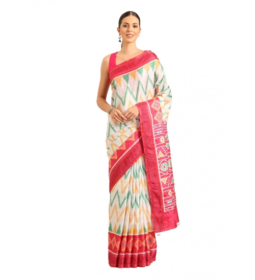 Generic Women's Cotton Printed Saree With Unstitched Blouse 5.5Mtr (White-Pink)