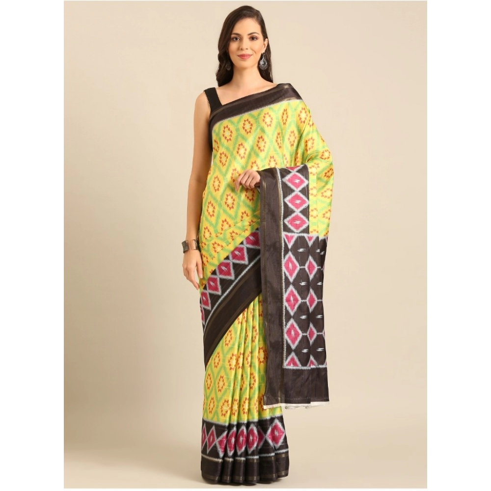 Generic Women's Cotton Printed Saree With Unstitched Blouse 5.5Mtr (Yellow)