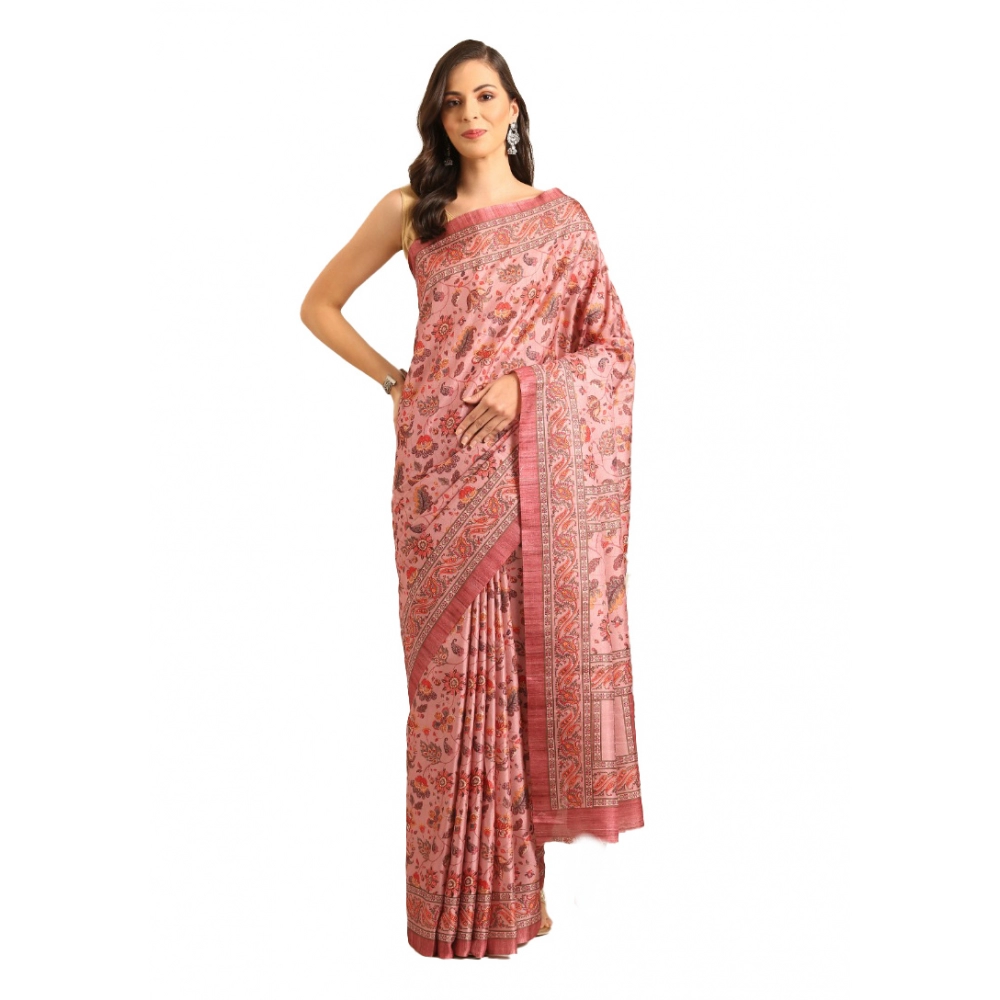 Generic Women's Cotton Printed Saree With Unstitched Blouse 5.5Mtr (Pink)