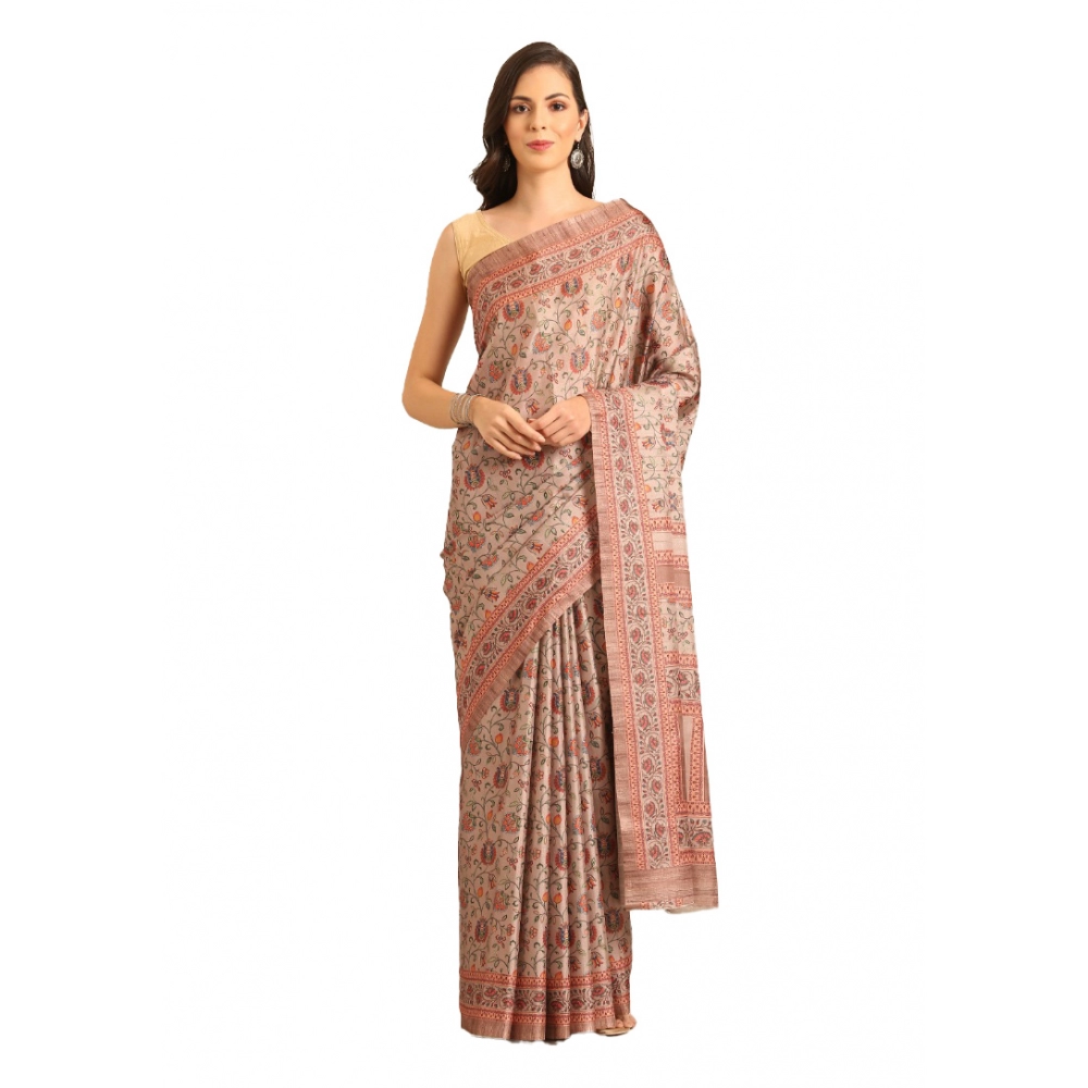 Generic Women's Cotton Printed Saree With Unstitched Blouse 5.5Mtr (Light-Brown)