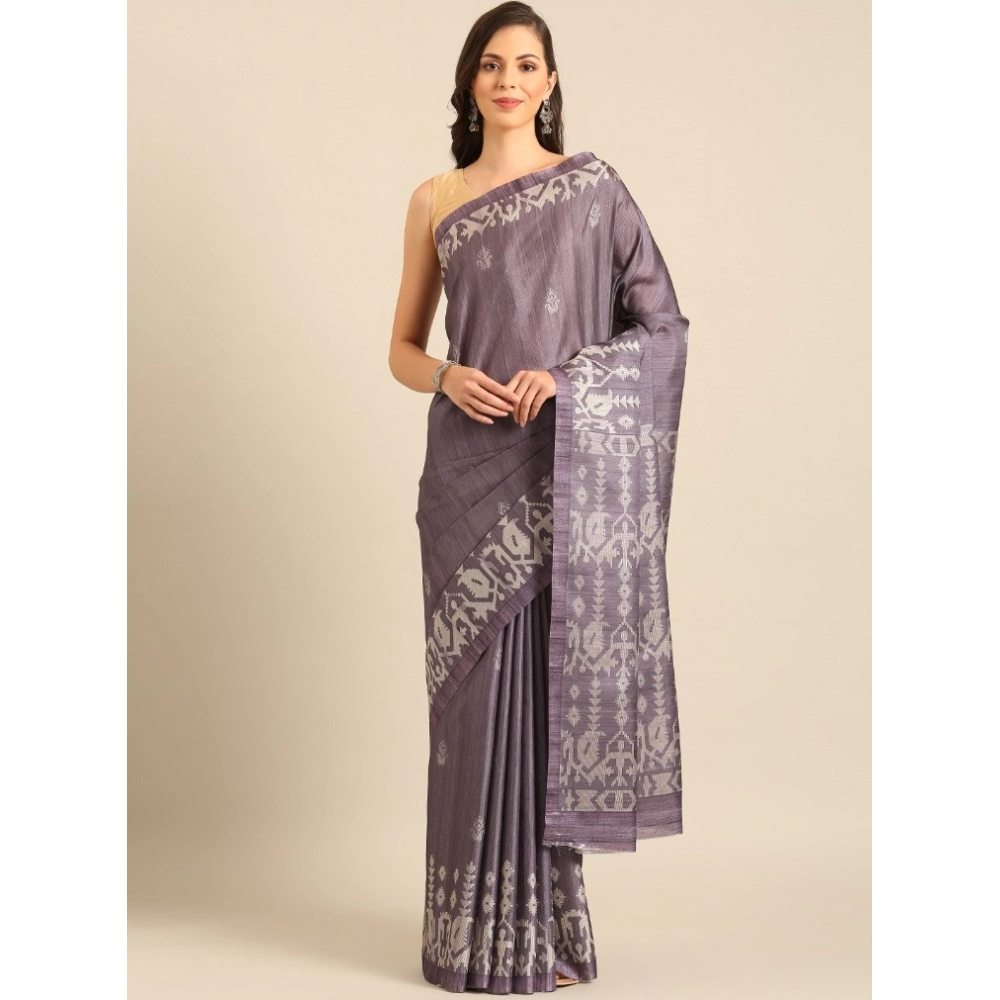 Generic Women's Cotton Printed Saree With Unstitched Blouse 5.5Mtr (Purple)