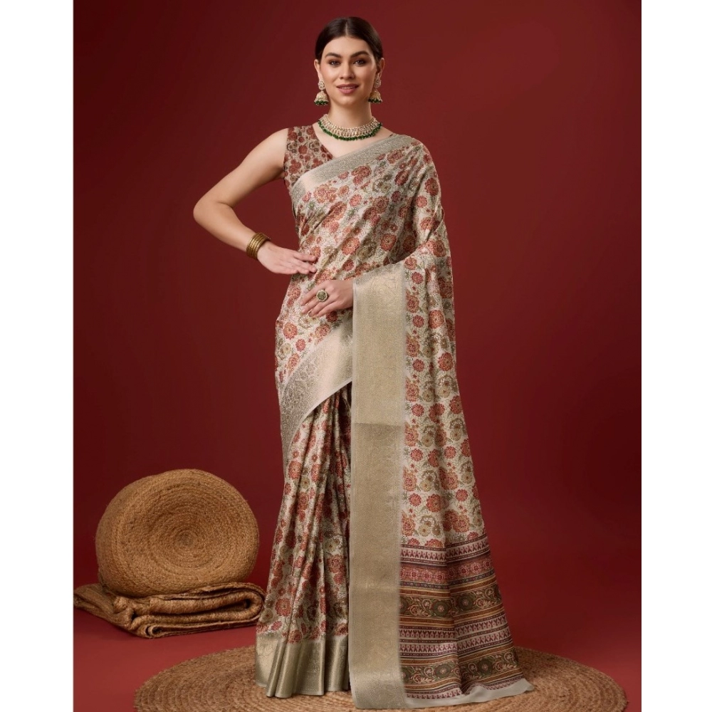 Generic Women's Cotton Printed Saree With Unstitched Blouse 5.5Mtr (Grey)