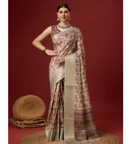 Generic Women's Cotton Printed Saree With Unstitched Blouse 5.5Mtr (Grey)