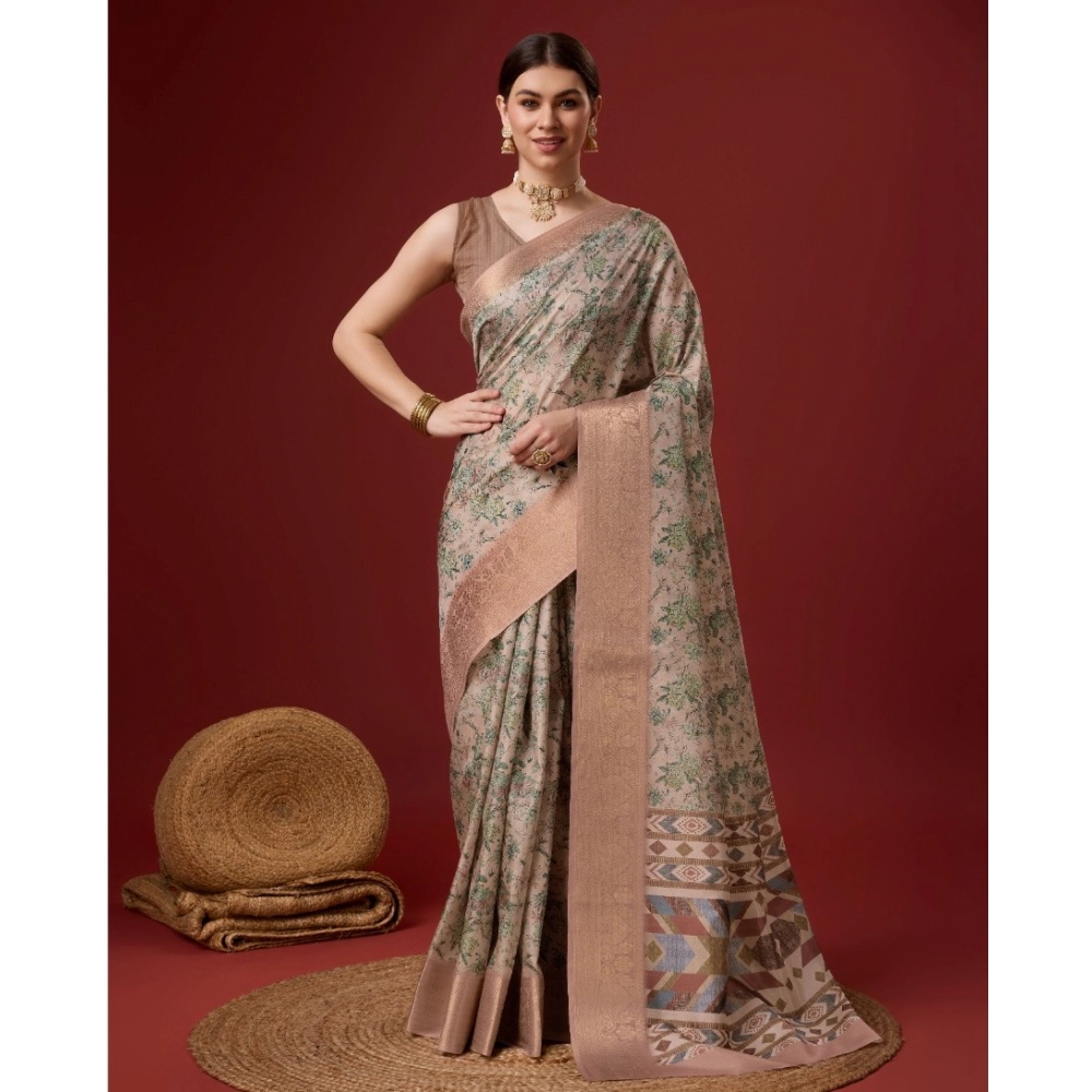 Generic Women's Cotton Printed Saree With Unstitched Blouse 5.5Mtr (Peach)