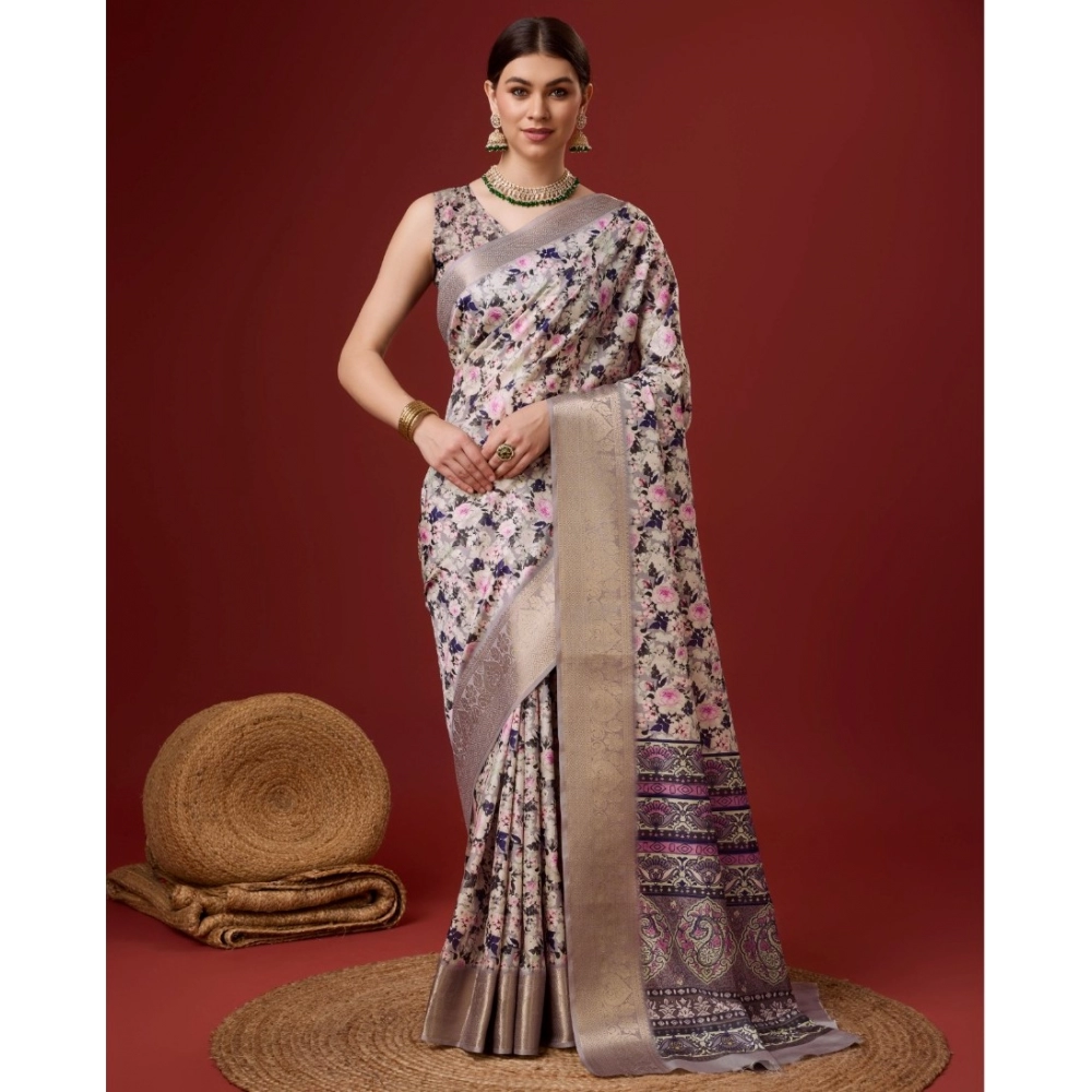 Generic Women's Cotton Printed Saree With Unstitched Blouse 5.5Mtr (Cream)