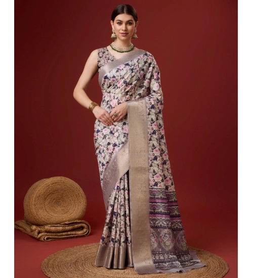 Generic Women's Cotton Printed Saree With Unstitched Blouse 5.5Mtr (Cream)