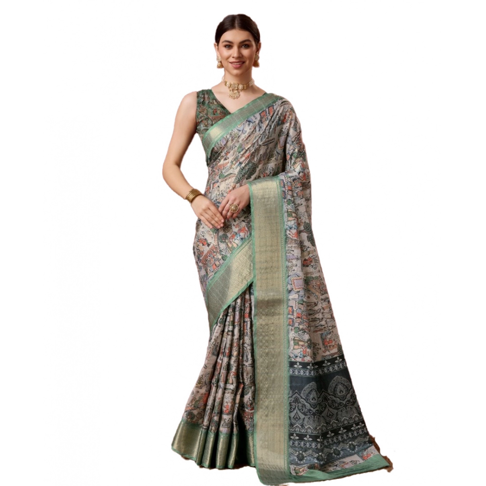 Generic Women's Cotton Printed Saree With Unstitched Blouse 5.5Mtr (Grey)