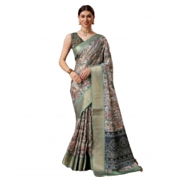 Generic Women's Cotton Printed Saree With Unstitched Blouse 5.5Mtr (Grey)