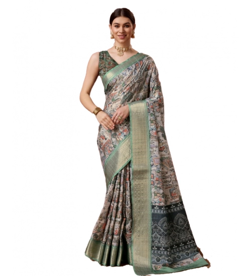 Generic Women's Cotton Printed Saree With Unstitched Blouse 5.5Mtr (Grey)
