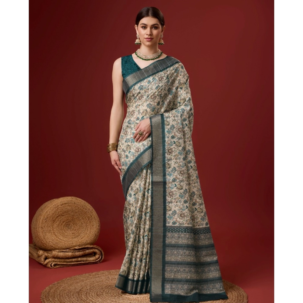 Generic Women's Cotton Printed Saree With Unstitched Blouse 5.5Mtr (Green)