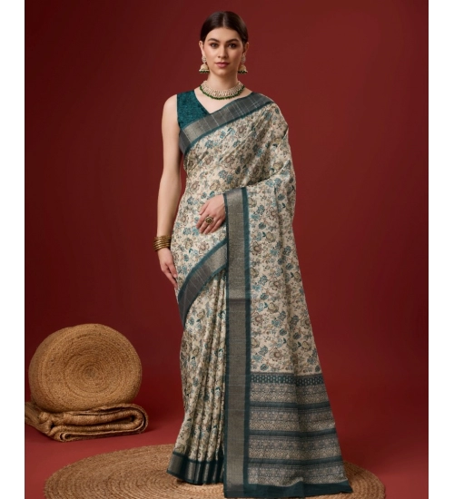 Generic Women's Cotton Printed Saree With Unstitched Blouse 5.5Mtr (Green)