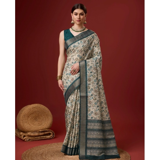Generic Women's Cotton Printed Saree With Unstitched Blouse 5.5Mtr (Green)
