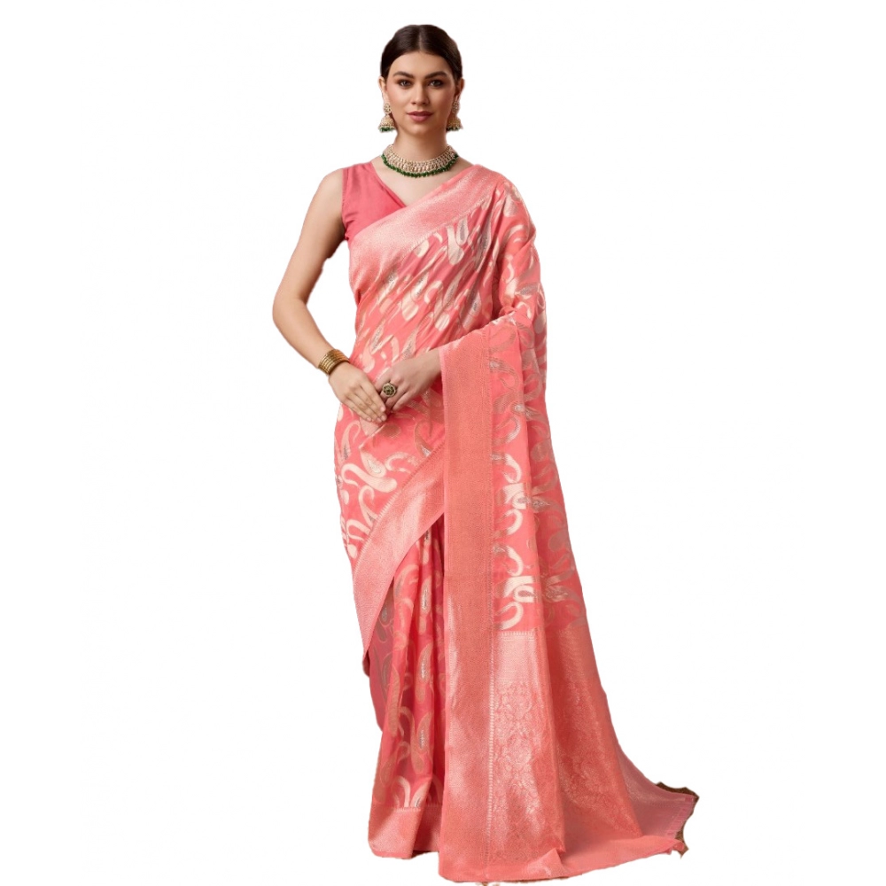Generic Women's Cotton Printed Saree With Unstitched Blouse 5.5Mtr (Pink)