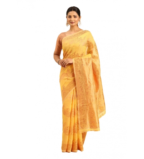 Generic Women's Cotton Woven Design Saree With Unstitched Blouse 5.5Mtr (Yellow)