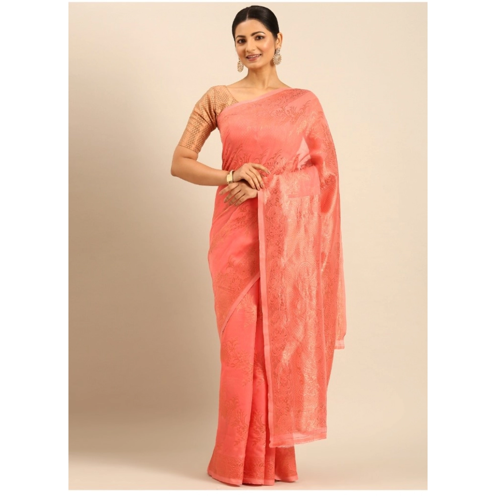 Generic Women's Cotton Woven Design Saree With Unstitched Blouse 5.5Mtr (Peach)
