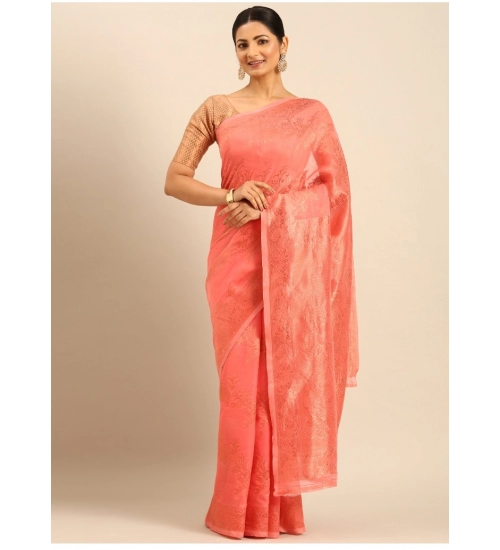 Generic Women's Cotton Woven Design Saree With Unstitched Blouse 5.5Mtr (Peach)